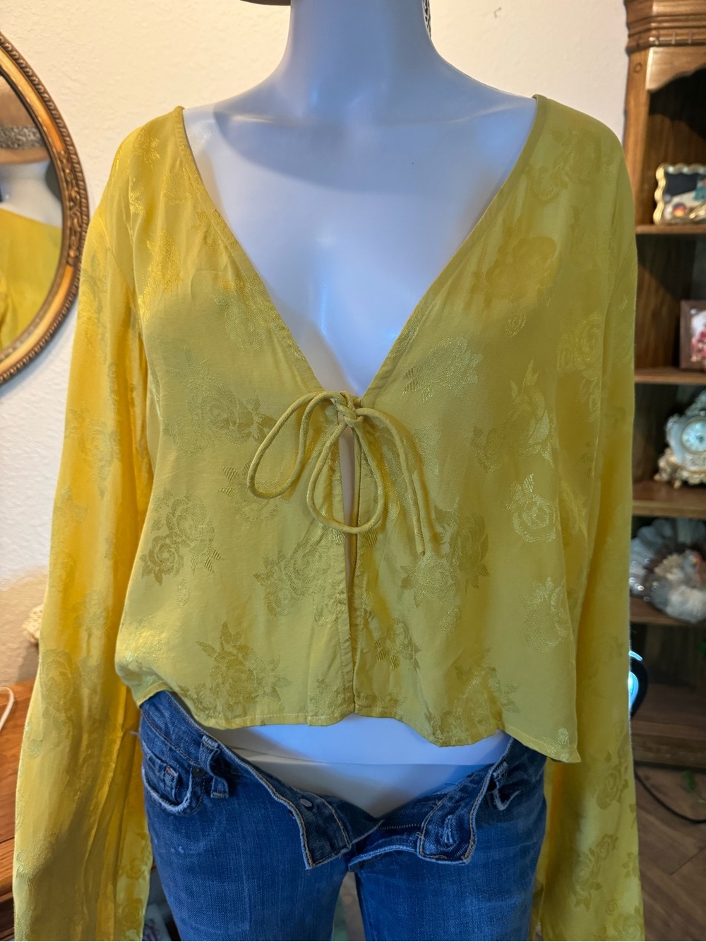 Motel Y2K Yellow Floral Tie-Front V-Neck Blouse